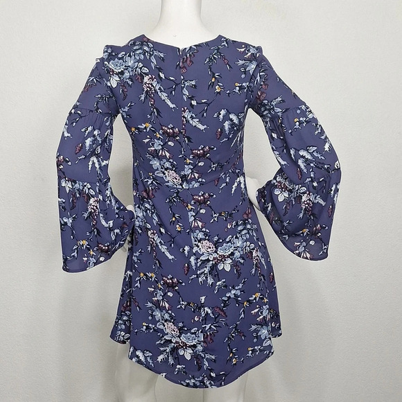Loft Blue Floral Bohemian Hippie Bell Sleeves 70's Style Boho Mini Dress Size 0P - Picture 6 of 10